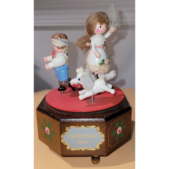 Kurt Adler Musical We Wish You a Merry Christmas Girl Boy Dog Rotate Wood 1983 - Picture 1 of 16